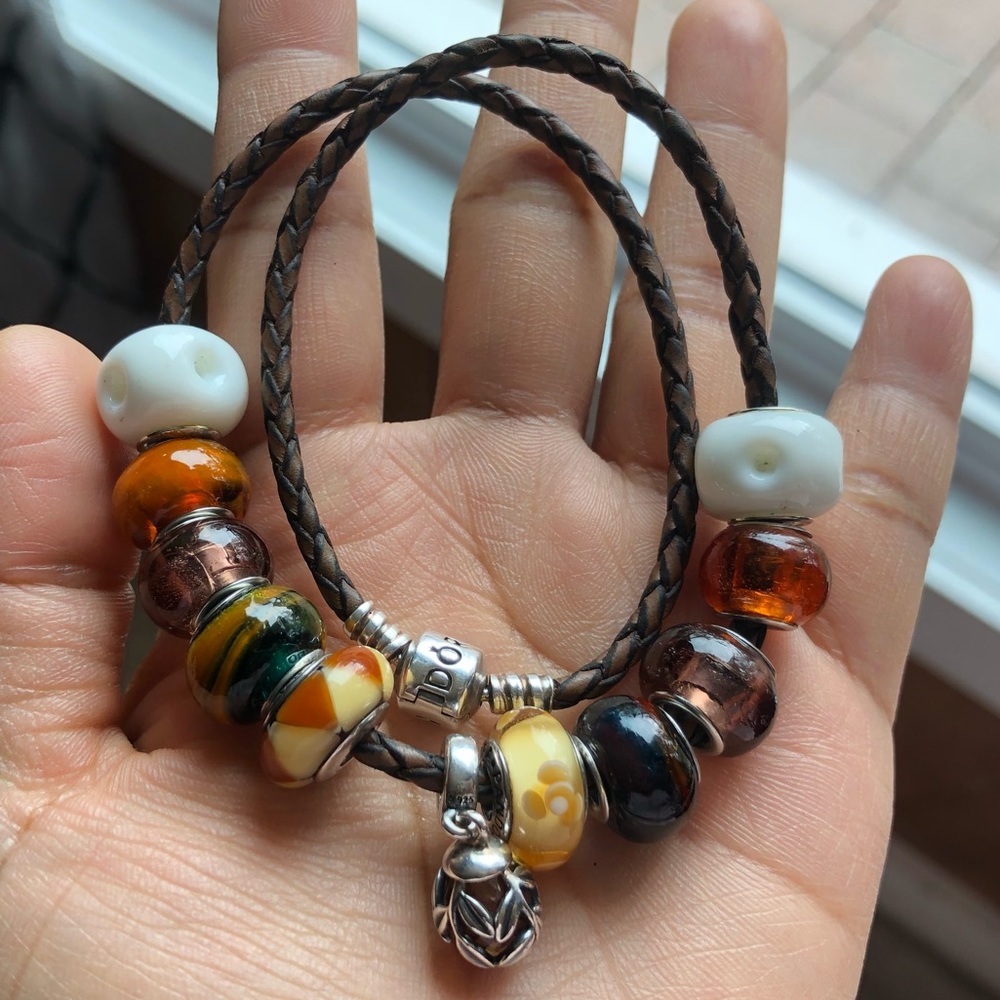 Pandora Brown Leather Bracelet Wrap Around Wrist Twice / Necklace with 11 Charms